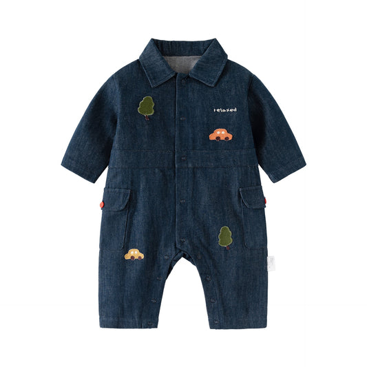 Autumn and Spring New Arrival Baby Casual Embroidered Pattern Denim Rompers-0