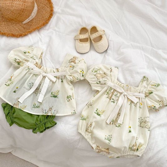 Bunny Pattern Square Neck Bow Tie Puff Sleeve Onesies & Sets-0